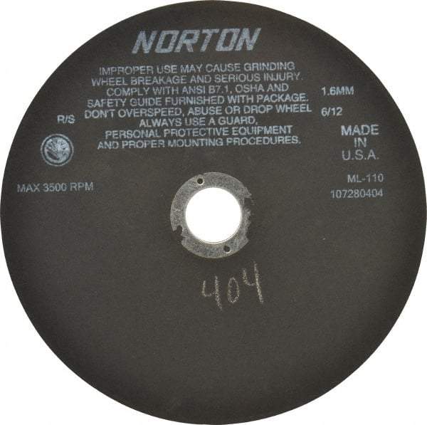 Norton - 10" Aluminum Oxide Cutoff Wheel - 0.063" Thick, 1-1/4" Arbor, 3,500 Max RPM, Use with Stationary Tools - Benchmark Tooling