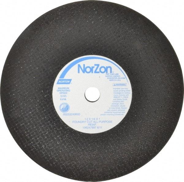 Norton - 12" Zirconia Alumina Cutoff Wheel - 1/8" Thick, 1" Arbor, 5,095 Max RPM, Use with Stationary Grinders - Benchmark Tooling