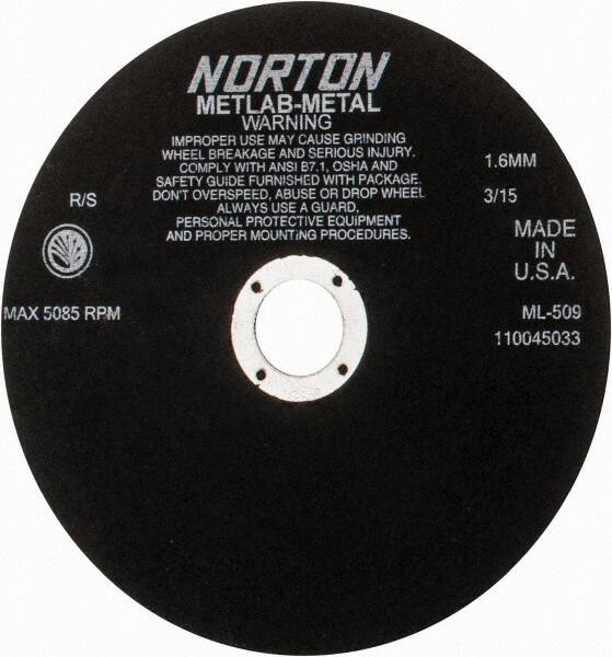 Norton - 9" Aluminum Oxide Cutoff Wheel - 0.063" Thick, 1-1/4" Arbor, 5,085 Max RPM, Use with Stationary Tools - Benchmark Tooling