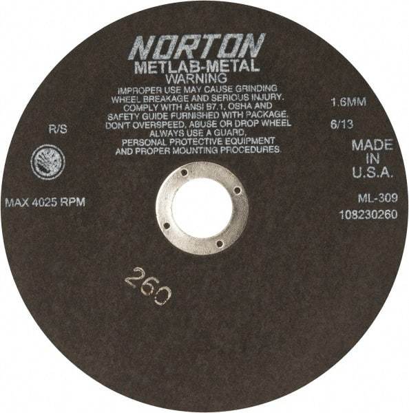 Norton - 9" Aluminum Oxide Cutoff Wheel - 0.063" Thick, 1-1/4" Arbor, 4,025 Max RPM, Use with Stationary Tools - Benchmark Tooling