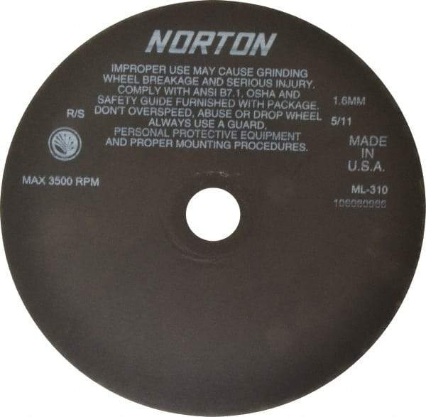 Norton - 10" Aluminum Oxide Cutoff Wheel - 0.063" Thick, 1-1/4" Arbor, 3,500 Max RPM, Use with Stationary Tools - Benchmark Tooling