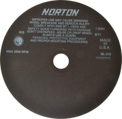 Norton - 10" Aluminum Oxide Cutoff Wheel - 0.063" Thick, 1-1/4" Arbor, 3,500 Max RPM, Use with Stationary Tools - Benchmark Tooling