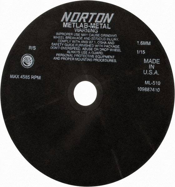 Norton - 10" Aluminum Oxide Cutoff Wheel - 0.063" Thick, 1-1/4" Arbor, 4,585 Max RPM, Use with Stationary Tools - Benchmark Tooling