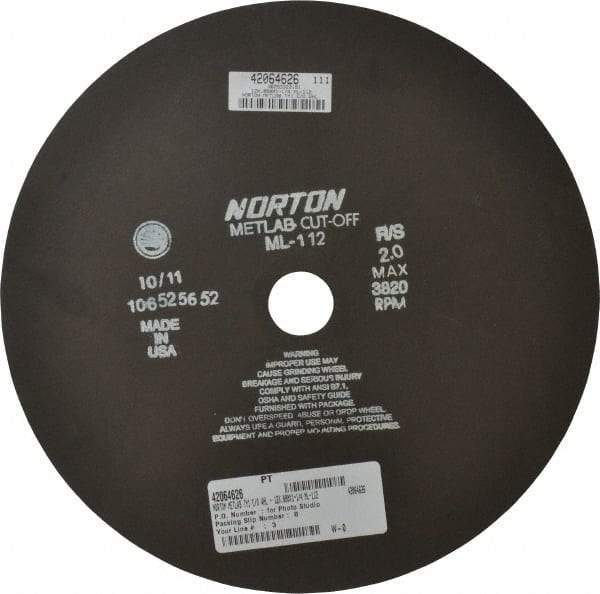 Norton - 12" Aluminum Oxide Cutoff Wheel - 0.078" Thick, 1-1/4" Arbor, 3,820 Max RPM, Use with Stationary Tools - Benchmark Tooling