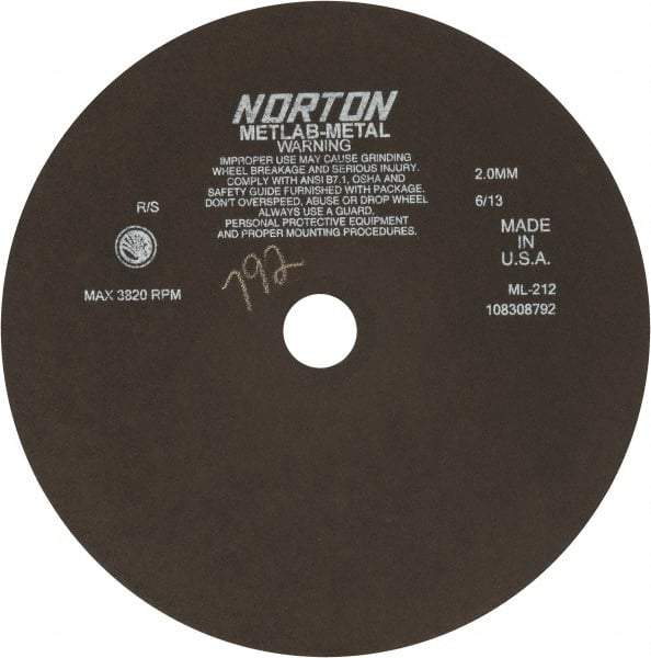 Norton - 12" Aluminum Oxide Cutoff Wheel - 0.078" Thick, 1-1/4" Arbor, 3,820 Max RPM, Use with Stationary Tools - Benchmark Tooling