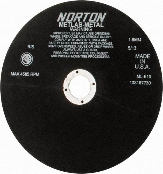 Norton - 10" Aluminum Oxide Cutoff Wheel - 0.063" Thick, 1-1/4" Arbor, 4,585 Max RPM, Use with Stationary Tools - Benchmark Tooling