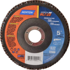Norton - 60 Grit, 5" Disc Diam, 7/8" Center Hole, Type 27 Ceramic Flap Disc - Plastic Backing, Arbor Attaching System, Coated - Benchmark Tooling