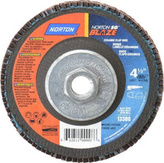 Norton - 80 Grit, 4-1/2" Disc Diam, 5/8-11 Center Hole, Type 27 Ceramic Flap Disc - Plastic Backing, Arbor Attaching System, Coated - Benchmark Tooling