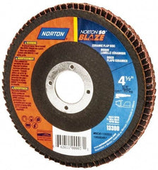 Norton - 60 Grit, 4-1/2" Disc Diam, 7/8" Center Hole, Type 27 Ceramic Flap Disc - Plastic Backing, Arbor Attaching System, Coated - Benchmark Tooling