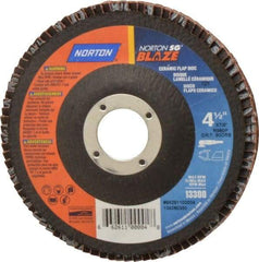 Norton - 80 Grit, 4-1/2" Disc Diam, 7/8" Center Hole, Type 27 Ceramic Flap Disc - Plastic Backing, Arbor Attaching System, Coated - Benchmark Tooling
