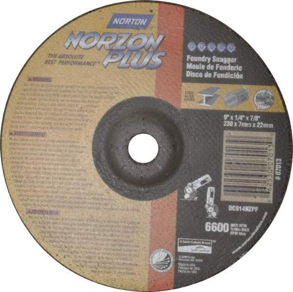 Norton - 9" Wheel Diam, 1/4" Wheel Thickness, 7/8" Arbor Hole, Depressed Center Wheel - Ceramic, Resinoid Bond, 6,600 Max RPM - Benchmark Tooling