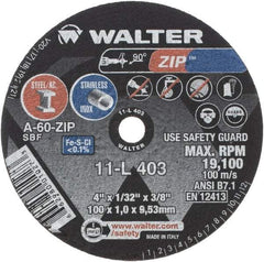 WALTER Surface Technologies - 4" 60 Grit Aluminum Oxide Cutoff Wheel - 1/32" Thick, 3/8" Arbor, 19,100 Max RPM, Use with Die Grinders - Benchmark Tooling