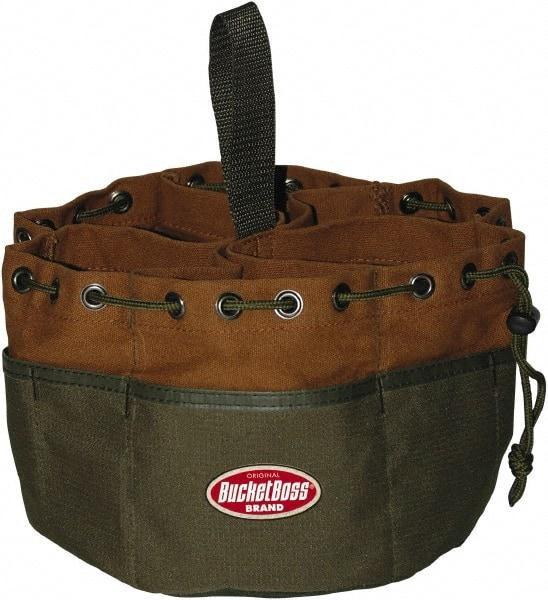 Bucket Boss - 19 Pocket Brown & Green Canvas Tool Tote - 10" Wide x 10" Deep x 6" High - Benchmark Tooling