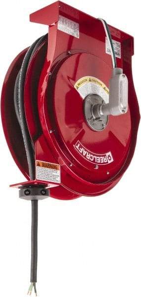 Reelcraft - 10 AWG, 50' Cable Length, Cord & Cable Reel with Flying Lead End - 0 Outlets, 30 Amps, 125 Volts, SEOOW Cable, Red Reel, Spring Driven Reel - Benchmark Tooling