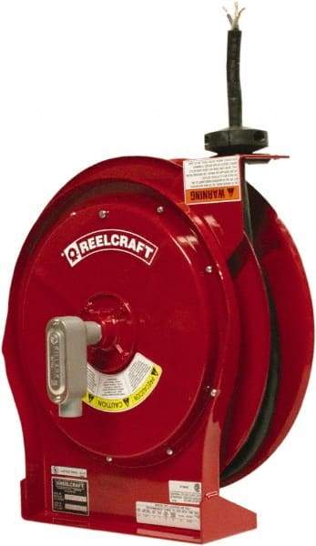 Reelcraft - 12 AWG, 50' Cable Length, Cord & Cable Reel with Flying Lead End - 0 Outlets, 16 Amps, 600 Volts, SEOOW Cable, Red Reel, Spring Driven Reel - Benchmark Tooling