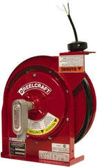 Reelcraft - 12 AWG, 45' Cable Length, Cord & Cable Reel with Flying Lead End - 0 Outlets, 20 Amps, 125 Volts, SJEOOW Cable, Red Reel, Spring Driven Reel - Benchmark Tooling
