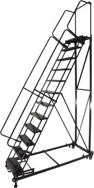 Ballymore - 173" 14 Step Ladder - Rolling Safety Ladder, 600 Lb Capacity, 140" Platform Height, 32" Base Width x 107" Base Depth, Perforated Tread - Benchmark Tooling