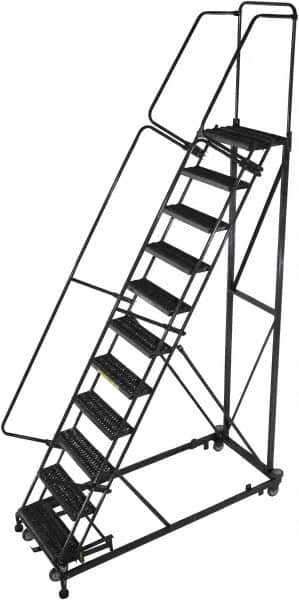 Ballymore - 143" 11 Step Ladder - Rolling Safety Ladder, 600 Lb Capacity, 110" Platform Height, 32" Base Width x 87" Base Depth, Serrated - Benchmark Tooling