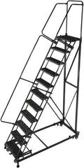 Ballymore - 143" 11 Step Ladder - Rolling Safety Ladder, 600 Lb Capacity, 110" Platform Height, 32" Base Width x 87" Base Depth, Serrated - Benchmark Tooling