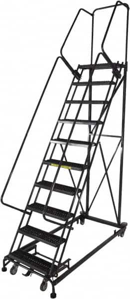 Ballymore - 133" 10 Step Ladder - Rolling Safety Ladder, 600 Lb Capacity, 100" Platform Height, 32" Base Width x 81" Base Depth, Serrated - Benchmark Tooling