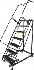 Ballymore - 103" 7 Step Ladder - Rolling Safety Ladder, 600 Lb Capacity, 70" Platform Height, 32" Base Width x 62" Base Depth, Perforated Tread - Benchmark Tooling