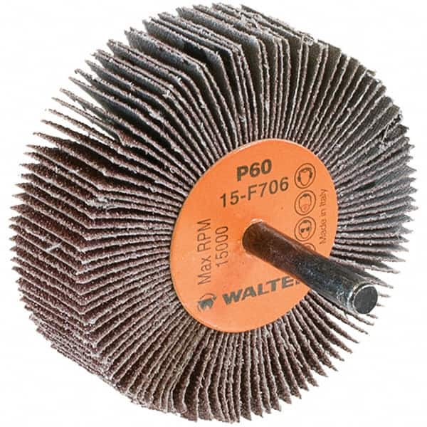 WALTER Surface Technologies - 3" Diam x 1" Face Width, Medium Aluminum Oxide Coated Mounted Flap Wheel - 1/4" Shank Mount, 60 Grit, Cloth Backing, 15,000 Max RPM - Benchmark Tooling