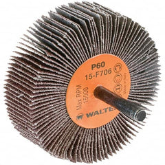 WALTER Surface Technologies - 3" Diam x 1" Face Width, Medium Aluminum Oxide Coated Mounted Flap Wheel - 1/4" Shank Mount, 60 Grit, Cloth Backing, 15,000 Max RPM - Benchmark Tooling