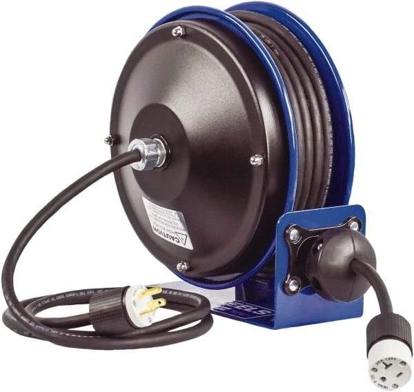 CoxReels - 16 AWG, 30' Cable Length, Cord & Cable Reel with Outlet End - 1 Outlet, NEMA 5-15R, 13 Amps, 115 Volts, SJO Cable, Blue Reel, Spring Driven Reel - Benchmark Tooling