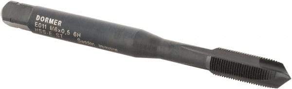 DORMER - M6x0.50 Metric Fine, 3 Flute, Oxide Finish, Cobalt Spiral Point Tap - Plug Chamfer, Right Hand Thread, 66mm OAL, 13mm Thread Length, 6.3mm Shank Diam, 6H Class of Fit, Series E011 - Exact Industrial Supply