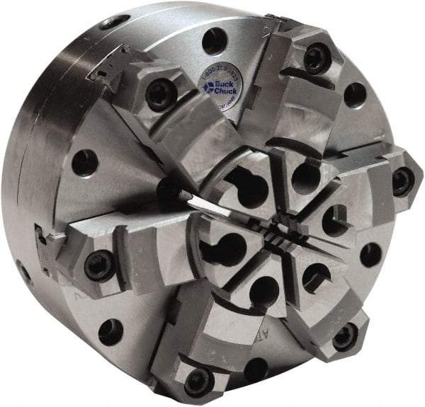 Buck Chuck Company - 6 Jaws, 10" Diam, Self Centering Manual Lathe Chuck - Plain Back Mount Spindle, Adjustable, Reversible, 1,600 Max RPM, 2-63/64" Through Hole Diam, Cast Iron - Benchmark Tooling