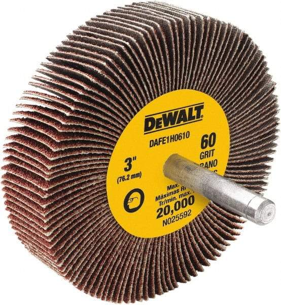 DeWALT - 3" Diam x 1" Face Width, Medium Aluminum Oxide Coated Mounted Flap Wheel - 1/4" Shank Mount, 60 Grit, Cloth Backing, 20,000 Max RPM - Benchmark Tooling