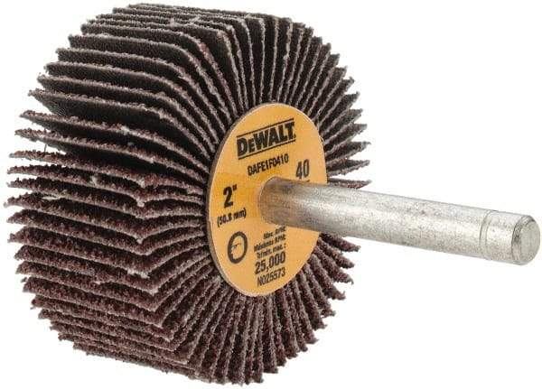 DeWALT - 2" Diam x 1" Face Width, Coarse Aluminum Oxide Coated Mounted Flap Wheel - 1/4" Shank Mount, 40 Grit, Cloth Backing, 25,000 Max RPM - Benchmark Tooling