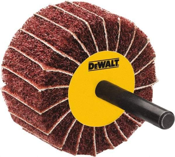 DeWALT - 3" Diam x 1-3/4" Face Width, Fine Aluminum Oxide Coated Mounted Flap Wheel - 1/4" Shank Mount, 100 Grit, Interleaf, Cloth Backing, 25,000 Max RPM - Benchmark Tooling