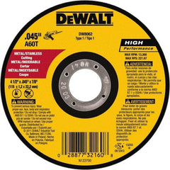DeWALT - 4-1/2" 60 Grit Aluminum Oxide Cutoff Wheel - 0.045" Thick, 7/8" Arbor, 13,300 Max RPM, Use with Angle Grinders - Benchmark Tooling
