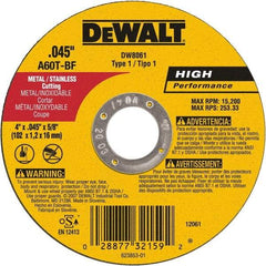 DeWALT - 4" 60 Grit Aluminum Oxide Cutoff Wheel - 0.045" Thick, 5/8" Arbor, 15,200 Max RPM, Use with Angle Grinders - Benchmark Tooling