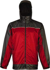 Viking - Size 3XL, Red & Charcoal, Rain, Wind Resistant Rain Jacket - 55" Chest, 3 Pockets, Attached Hood - Benchmark Tooling