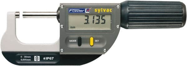 Fowler - 0 to 1.2" Range, 0.00005" Resolution, Standard Throat IP67 Electronic Outside Micrometer - 0.00012" Accuracy, Ratchet Stop Thimble, Carbide-Tipped Face, CR2032 Battery - Benchmark Tooling