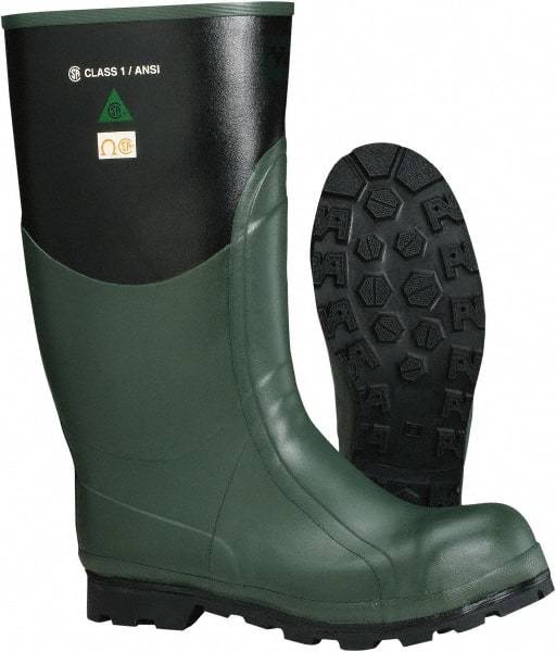 Viking - Men's Size 11 Medium Width Steel Knee Boot - Green, Black, Rubber Upper, Nitrile Rubber Outsole, 15" High, Non-Slip, Waterproof, Electric Shock Resistant - Benchmark Tooling
