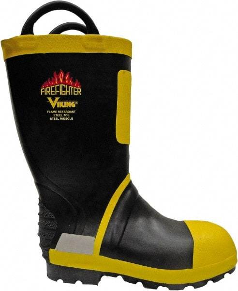 Viking - Men's Size 8 Medium Width Steel Work Boot - Black, Yellow, Rubber Upper, Nitrile Rubber Outsole, 14" High, Non-Slip, Waterproof - Benchmark Tooling