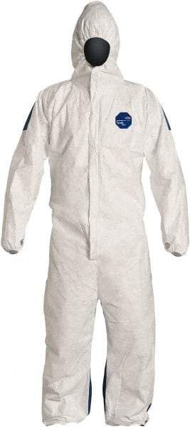 Dupont - Size M Film Laminate General Purpose Coveralls - White/Blue, Zipper Closure, Elastic Cuffs, Elastic Ankles, Serged Seams, Hazard Level D & C - Benchmark Tooling