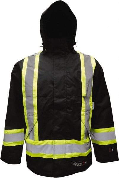 Viking - Size S, Black, Flame Resistant/Retardant, Rain, Wind Resistant Jacket - 37" Chest, 2 Pockets, Detachable Hood - Benchmark Tooling