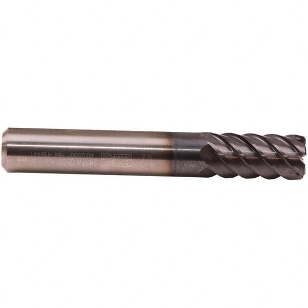 Emuge - 7/16" Diam, 1" LOC, 6 Flute Solid Carbide Roughing & Finishing End Mill - TiAlN Finish, 3-1/4" OAL, 7/16" Shank Diam, Cylindrical Shank, 50° Helix, Long Length - Benchmark Tooling