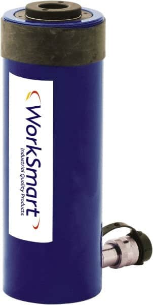 Value Collection - 30 Ton, 6.11" Stroke, 38.67 Cu In Oil Capacity, Portable Hydraulic Hollow Hole Cylinder - 6.32 Sq In Effective Area, 13.02" Lowered Ht., 19.13" Max Ht., 2.84" Cyl Bore Diam, 2.48" Plunger Rod Diam, 10,000 Max psi - Benchmark Tooling