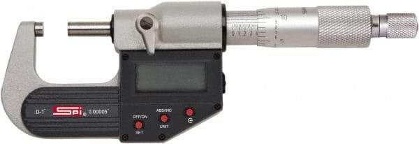 SPI - 4 to 5" Range, 0.00005" Resolution, Standard Throat IP65 Electronic Outside Micrometer - 0.0002" Accuracy, Ratchet Stop Thimble, Carbide-Tipped Face, LR44 Battery, Includes NIST Traceable Certification of Inspection - Benchmark Tooling