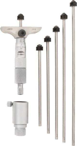 SPI - 0 to 6" Range, 6 Rod, Mechanical Depth Micrometer - Ratchet Stop Thimble, 2-1/2" Base Length, 0.001" Graduation, 4.5mm Rod Diam - Benchmark Tooling