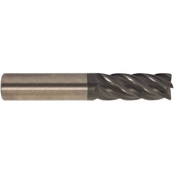 Corner Radius End Mill: 1″ Dia, 1-1/4″ LOC, 0.03″ Radius, 5 Flutes, Solid Carbide 4″ OAL, 1″ Shank Dia, 38 ° Helix, AlTiCrN Coated, Corner Radius End, Centercutting, Series HS