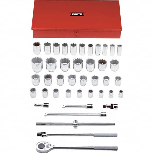 Proto - 42 Piece 3/4" Drive Chrome Finish Deep Well Socket Set - 6, 12 Points, 7/8" to 2-3/8" Range, Inch Measurement Standard - Benchmark Tooling