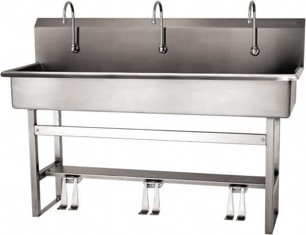 SANI-LAV - 57" Long x 16-1/2" Wide Inside, 1 Compartment, Grade 304 Stainless Steel (4) Person Wash-Station with Double Foot Valves - 16 Gauge, 60" Long x 20" Wide x 45" High Outside, 8" Deep - Benchmark Tooling