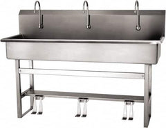 SANI-LAV - 57" Long x 16-1/2" Wide Inside, 1 Compartment, Grade 304 Stainless Steel (4) Person Wash-Station with Double Foot Valves - 16 Gauge, 60" Long x 20" Wide x 45" High Outside, 8" Deep - Benchmark Tooling