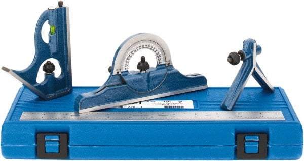 SPI - 4 Piece, 12" Combination Square Set - 1/100, 1/32, 1/50 & 1/64" (16R) Graduation, Hardened Steel Blade, Cast Iron Center, Protractor & Square Head - Benchmark Tooling
